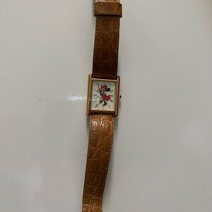 Mini mouse Disney Brown Leather Strap Watch with Floral Dial